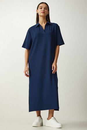 Женское темно-синее вязаное вельветовое платье с воротником-поло DZ00110