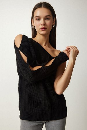 Женский черный трикотажный свитер с одним рукавом и детализированным окном PF00059