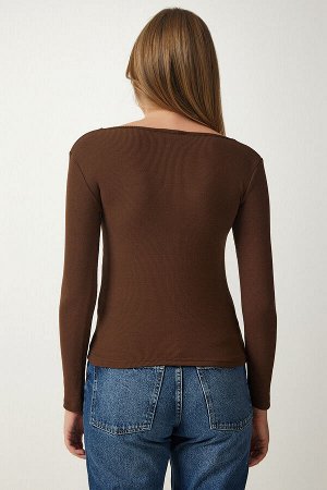 Женская коричневая трикотажная блузка с квадратным вырезом GT00052