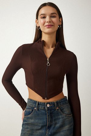 Женская коричневая укороченная трикотажная блузка с водолазкой на молнии SF00008