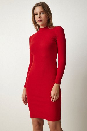 Женское красное трикотажное платье из вельветовой лайкры с высоким воротником GT00060