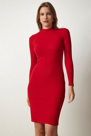Женское красное трикотажное платье из вельветовой лайкры с высоким воротником GT00060
