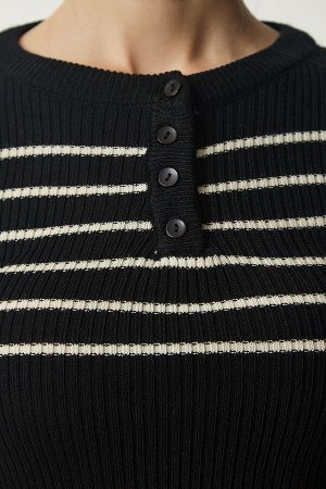 Женская черная кремовая трикотажная блузка в рубчик с воротником на пуговицах NF00077