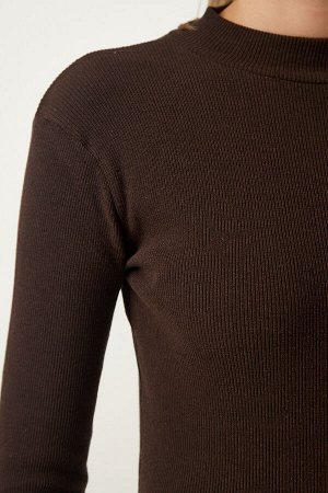 Женская темно-коричневая вязаная блузка с воротником на шнурке GT00054