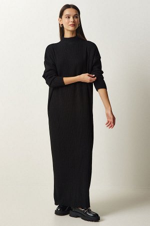 Женское черное трикотажное платье большого размера с высоким воротником XN00001
