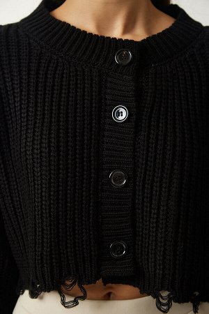Женский черный укороченный трикотажный кардиган на пуговицах с рваными деталями PF00054