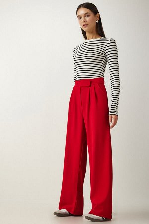 Женские удобные брюки-палаццо с красной талией на липучке L_00113
