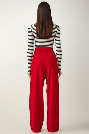 Женские удобные брюки-палаццо с красной талией на липучке L_00113