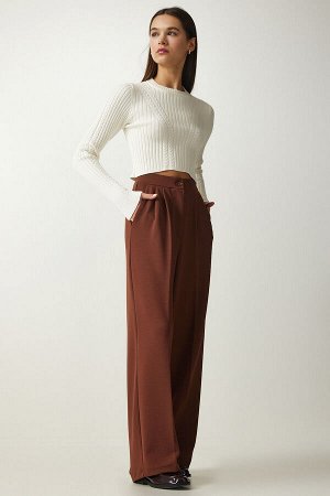 Женские коричневые брюки-палаццо со складками DW00004