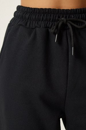 Женские черные многоярусные трикотажные спортивные штаны DZ00109