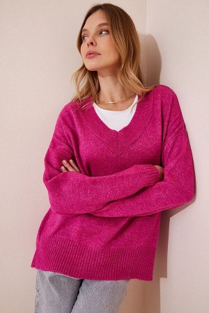 Женский розовый вязаный свитер оверсайз с v-образным вырезом BV00003