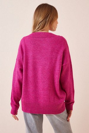 Женский розовый вязаный свитер оверсайз с v-образным вырезом BV00003