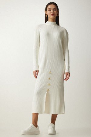 Женское вельветовое трикотажное платье цвета экрю с пуговицами DD01280