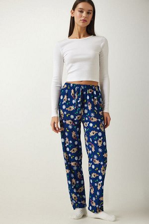 Женские трикотажные пижамные штаны синего цвета с рисунком, мягкая текстура CE00089