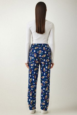 Женские трикотажные пижамные штаны синего цвета с рисунком, мягкая текстура CE00089
