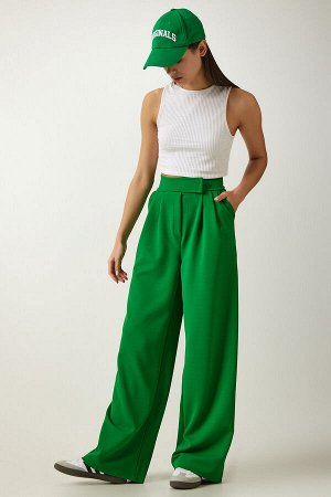 Женские яркие зеленые удобные брюки-палаццо с липучками на талии L_00113