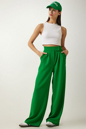 Женские яркие зеленые удобные брюки-палаццо с липучками на талии L_00113