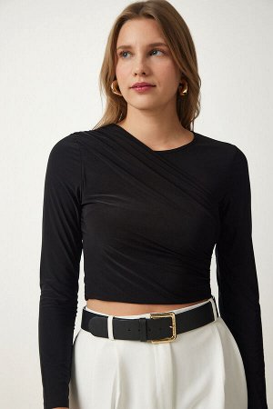 happinessistanbul Женская черная укороченная блузка песочного цвета со сборками L_00111