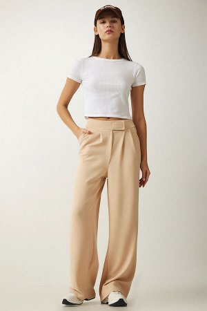 Женские удобные брюки-палаццо кремового цвета с липучками на талии L_00113