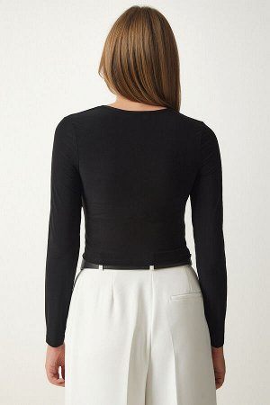 Женская черная укороченная блузка песочного цвета со сборками L_00111