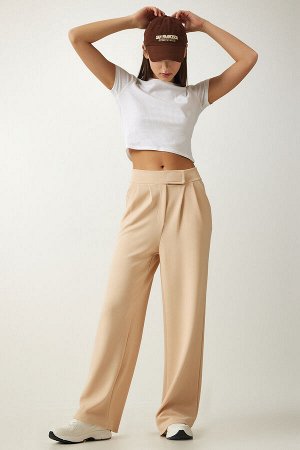 happinessistanbul Женские удобные брюки-палаццо кремового цвета с липучками на талии L_00113