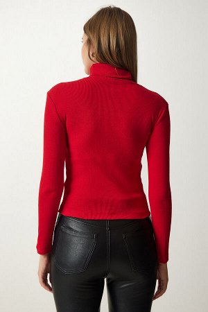 Женская красная вязаная блузка с высоким воротником и вырезами GT00228