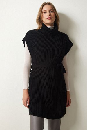 happinessistanbul Женская черная водолазка с поясом и трикотажным свитером CI00099