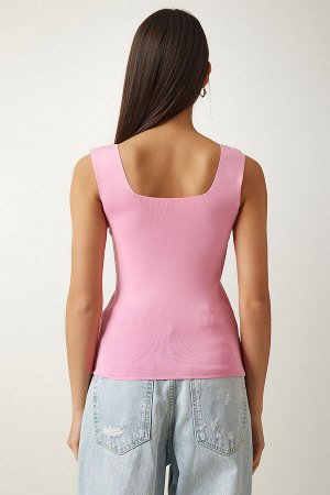 Женская розовая укороченная трикотажная блузка с квадратным воротником US00358