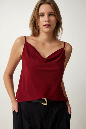 Женская бордово-красная трикотажная блузка песочного цвета с воротником на бретельках RX00036