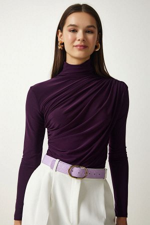 Женская сливовая блузка песочного цвета со сборками и высоким воротником FF00135