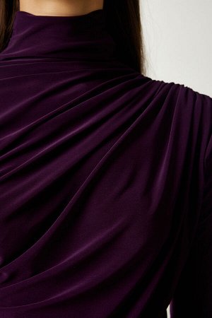 Женская сливовая блузка песочного цвета со сборками и высоким воротником FF00135