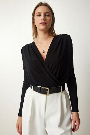 Женская черная трикотажная блузка с запахом и воротником-стойкой FF00147