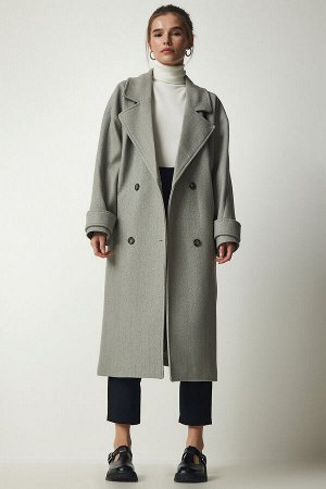 Женское серое кашемировое пальто большого размера с двубортным воротником и поясом TO00115