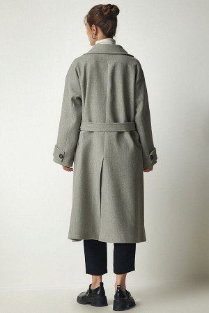 Женское серое кашемировое пальто большого размера с двубортным воротником и поясом TO00115