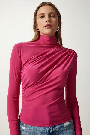 Женская розовая блузка песочного цвета с высоким воротником и сборками FF00135