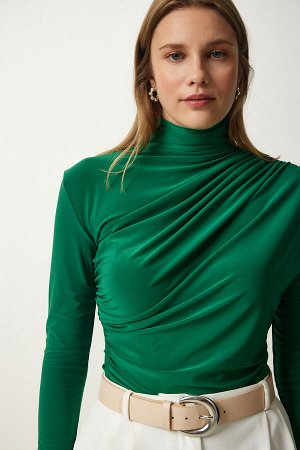 Женская зеленая блузка песочного цвета со сборками и высоким воротником FF00135
