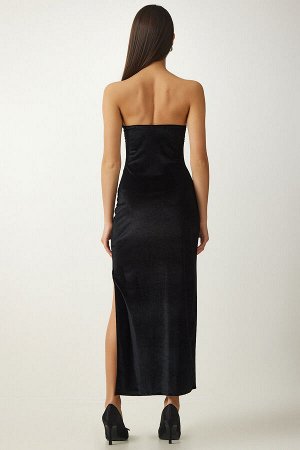 Женское черное элегантное бархатное платье без бретелек с воротником и разрезом MC00252
