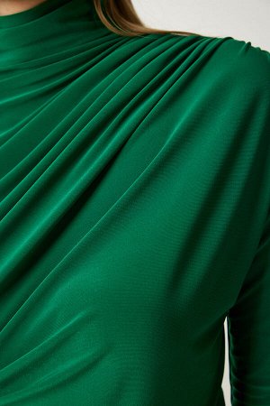 Женская зеленая блузка песочного цвета со сборками и высоким воротником FF00135