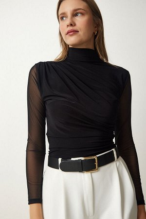 Женская черная трикотажная блузка со сборками и шифоновыми рукавами FF00146