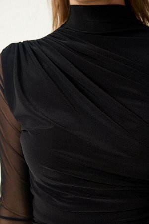 Женская черная трикотажная блузка со сборками и шифоновыми рукавами FF00146