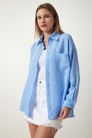Женская льняная рубашка oversize небесно-голубого цвета Airrobin DD01222