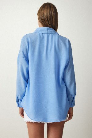 Женская льняная рубашка oversize небесно-голубого цвета Airrobin DD01222