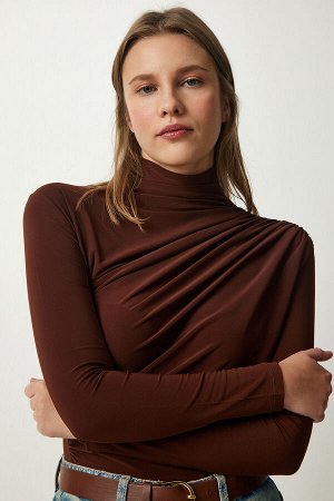 Женская коричневая блузка песочного цвета со сборками и высоким воротником FF00135