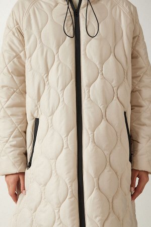Женское кремовое стеганое пальто с карманами и капюшоном DD01285