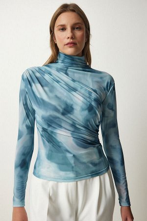 Женская голубая блузка песочного цвета с высоким воротником и драпировкой FF00138