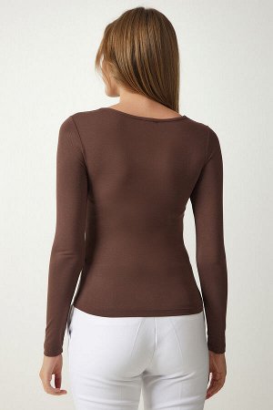 Женская коричневая вискозная трикотажная блузка с квадратным воротником RX00040