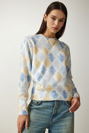Женский желто-синий свитер из мягкого текстурированного трикотажа с рисунком LU00022