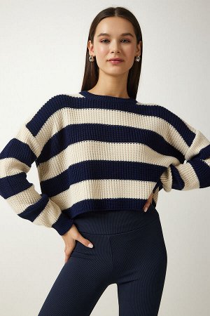 Женский укороченный трикотажный свитер в кремовую полоску темно-синего цвета PF00058