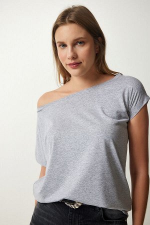 Женская серая базовая блузка с вырезом «лодочка» TO00074