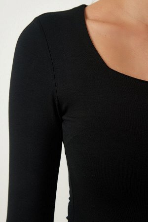 Женская черная коричневая двойная трикотажная блузка с квадратным воротником RX00041